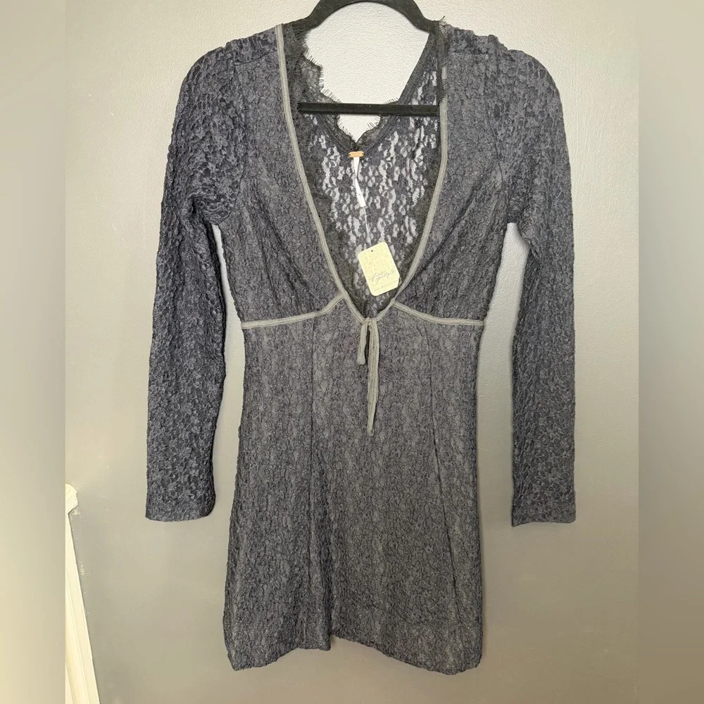 Free People Black Lace Textured Long Sleeve Tie Front Mini Dress NWT Size Small